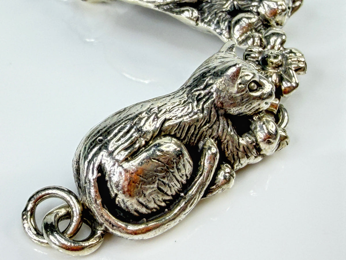 Carol Felley 1989 Sterling Silver Six Cat Floral Panel Link Bracelet 7.5 JR2151