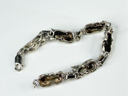 Carol Felley 1989 Sterling Silver Six Cat Floral Panel Link Bracelet 7.5 JR2151