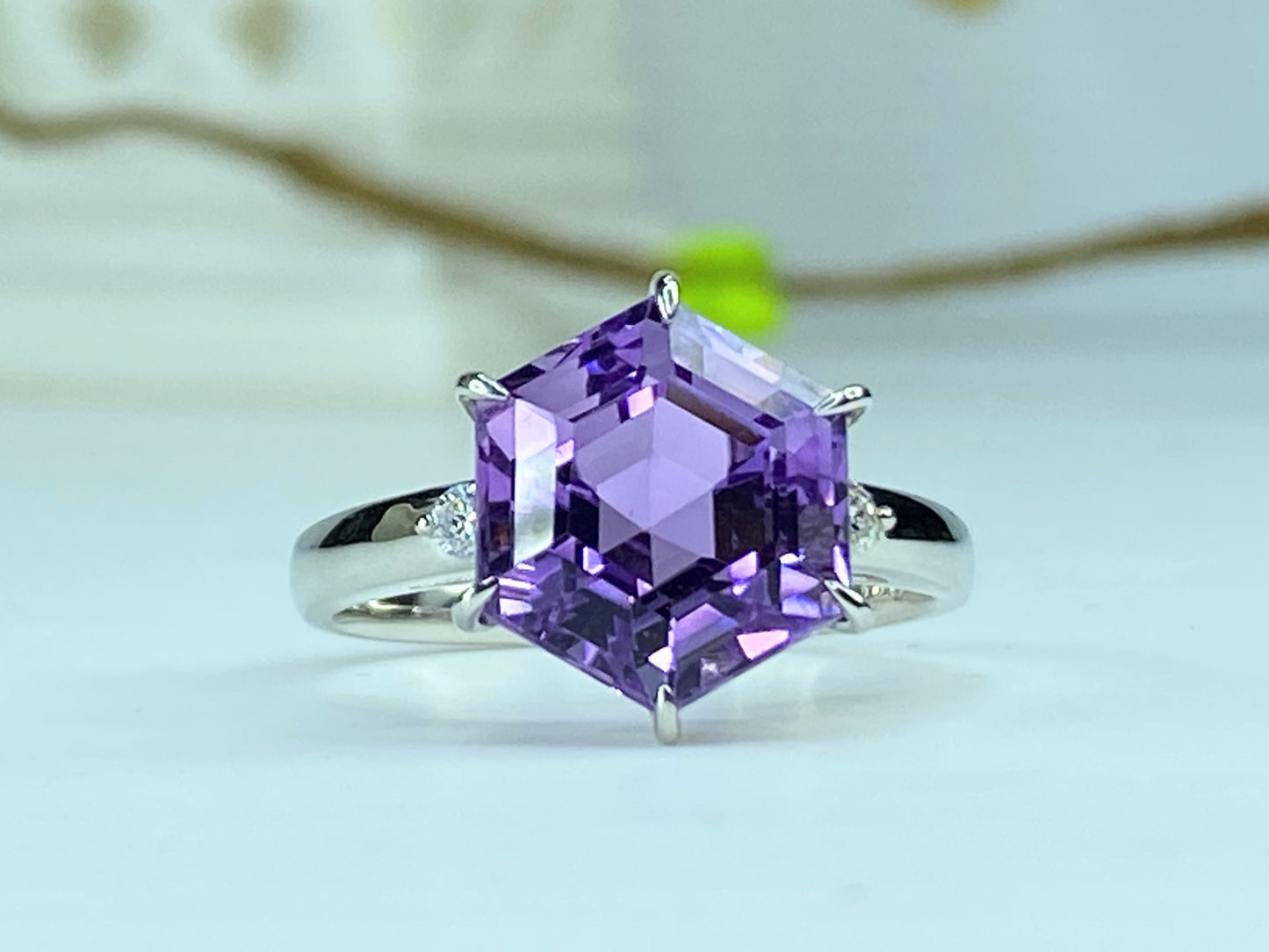 Platinum 5.13ct Honeycomb shape faceted Amethyst Diamond statement ring JR248