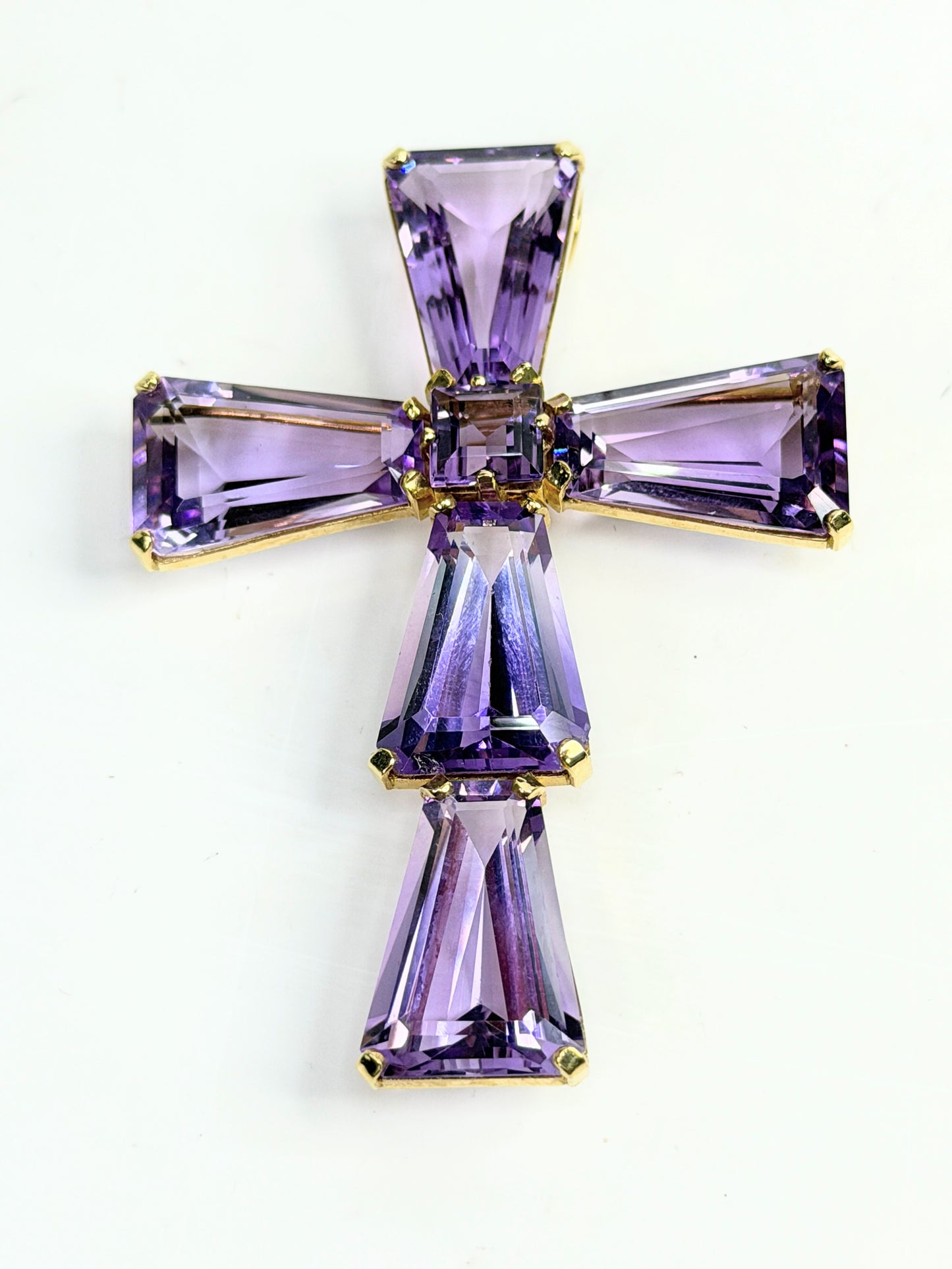Mid Century 14K Gold Amethyst Cross Pendant Brooch 2.75" JR1381