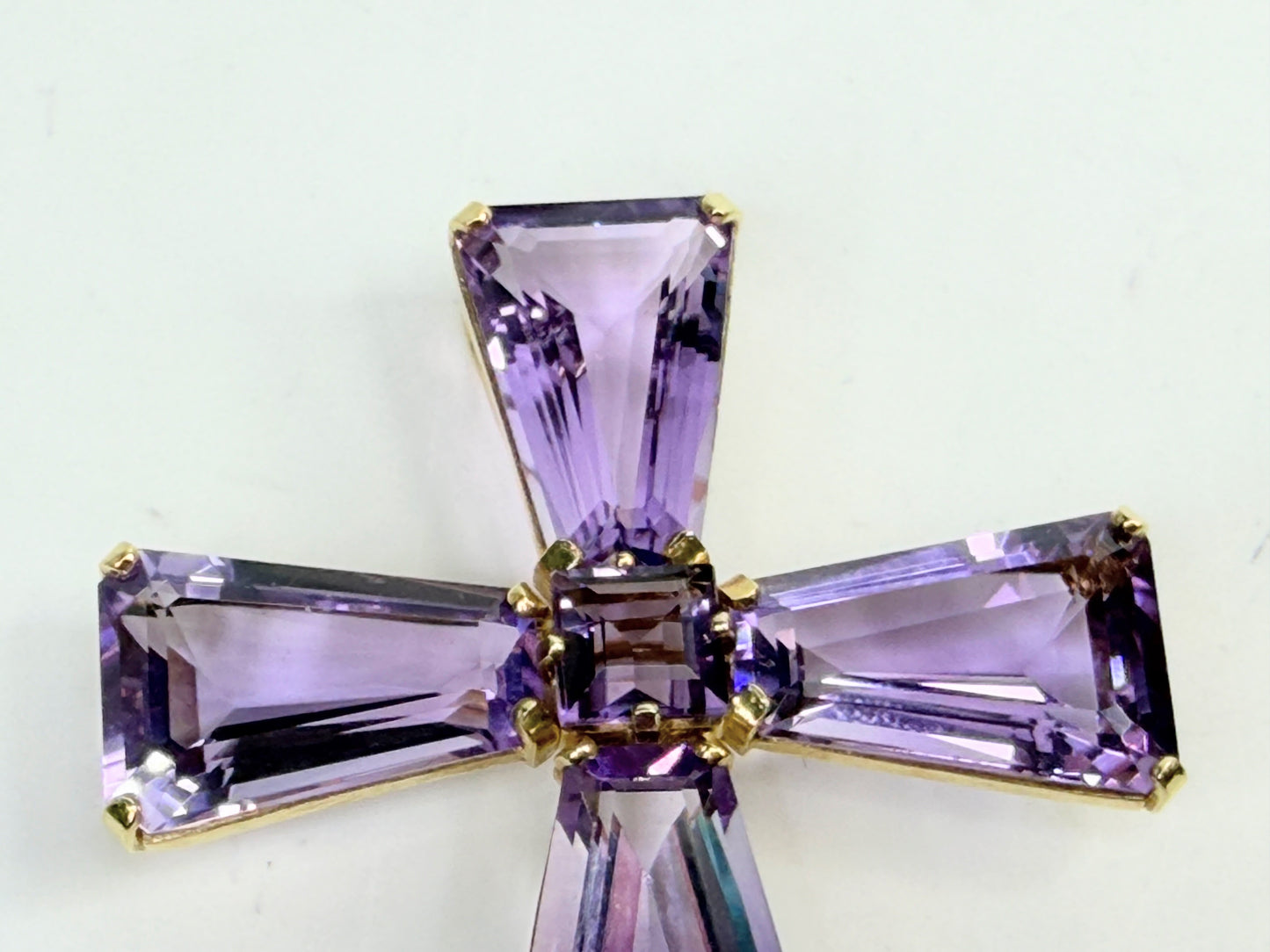 Mid Century 14K Gold Amethyst Cross Pendant Brooch 2.75" JR1381
