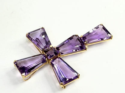 Mid Century 14K Gold Amethyst Cross Pendant Brooch 2.75" JR1381