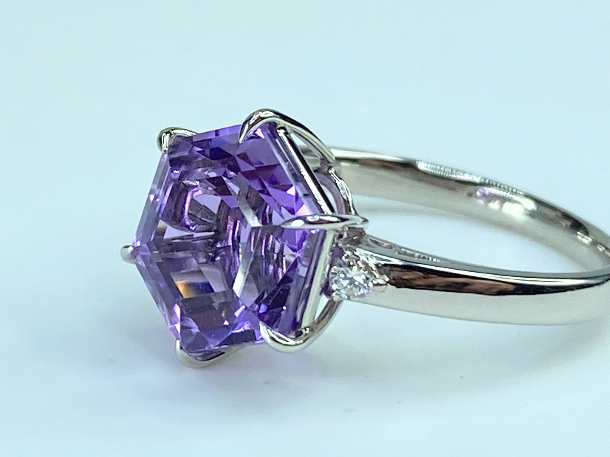 Platinum 5.13ct Honeycomb shape faceted Amethyst Diamond statement ring JR248