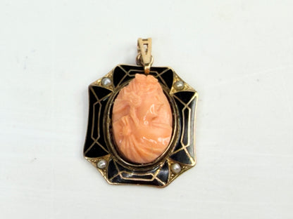 Antique 10K Gold Coral Cameo Enamel Seed Pearl Pendant JR1383