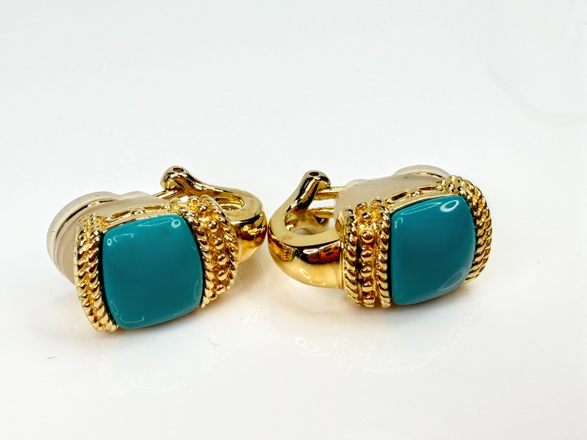 Vintage 925 Sterling Gold Tone Turquoise Blue Cabochon Clip Earrings JR2155