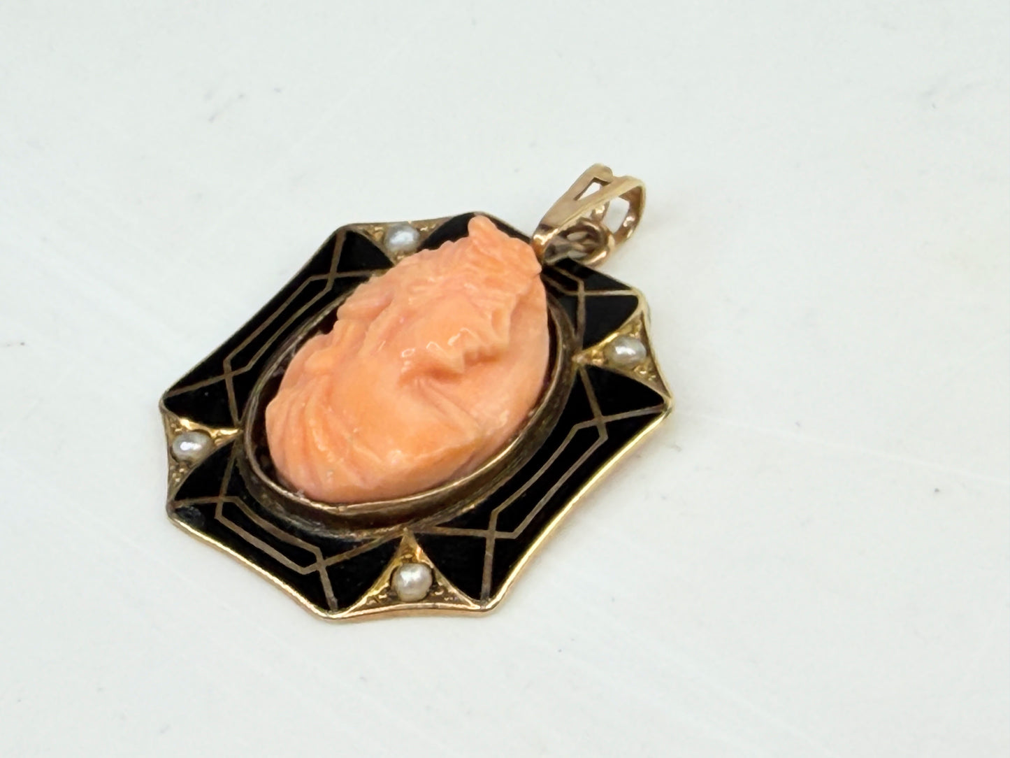 Antique 10K Gold Coral Cameo Enamel Seed Pearl Pendant JR1383
