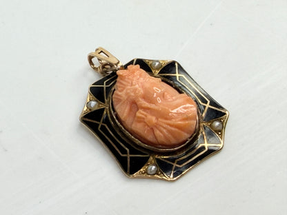 Antique 10K Gold Coral Cameo Enamel Seed Pearl Pendant JR1383