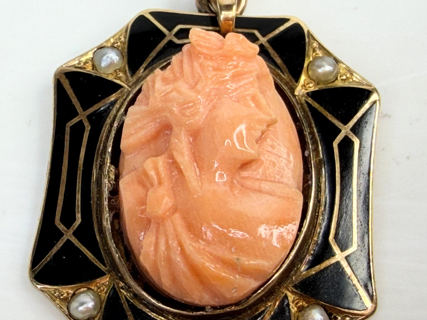Antique 10K Gold Coral Cameo Enamel Seed Pearl Pendant JR1383