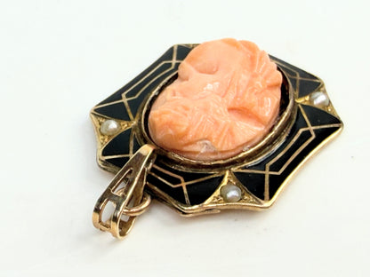 Antique 10K Gold Coral Cameo Enamel Seed Pearl Pendant JR1383