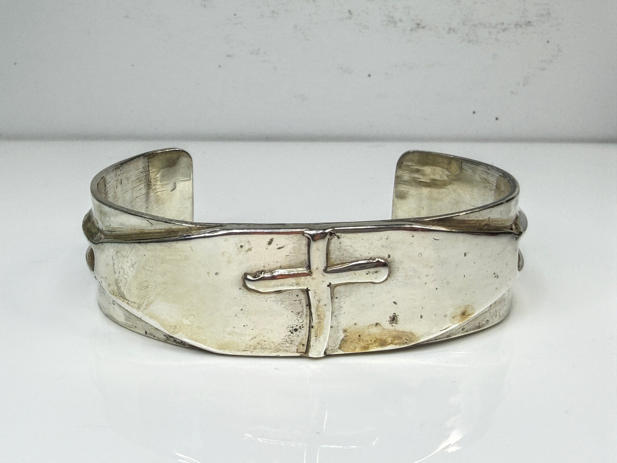Handmade Heavy 925 Sterling Silver Cross Wide Cuff Bracelet 69.4g 7.25" JR2157