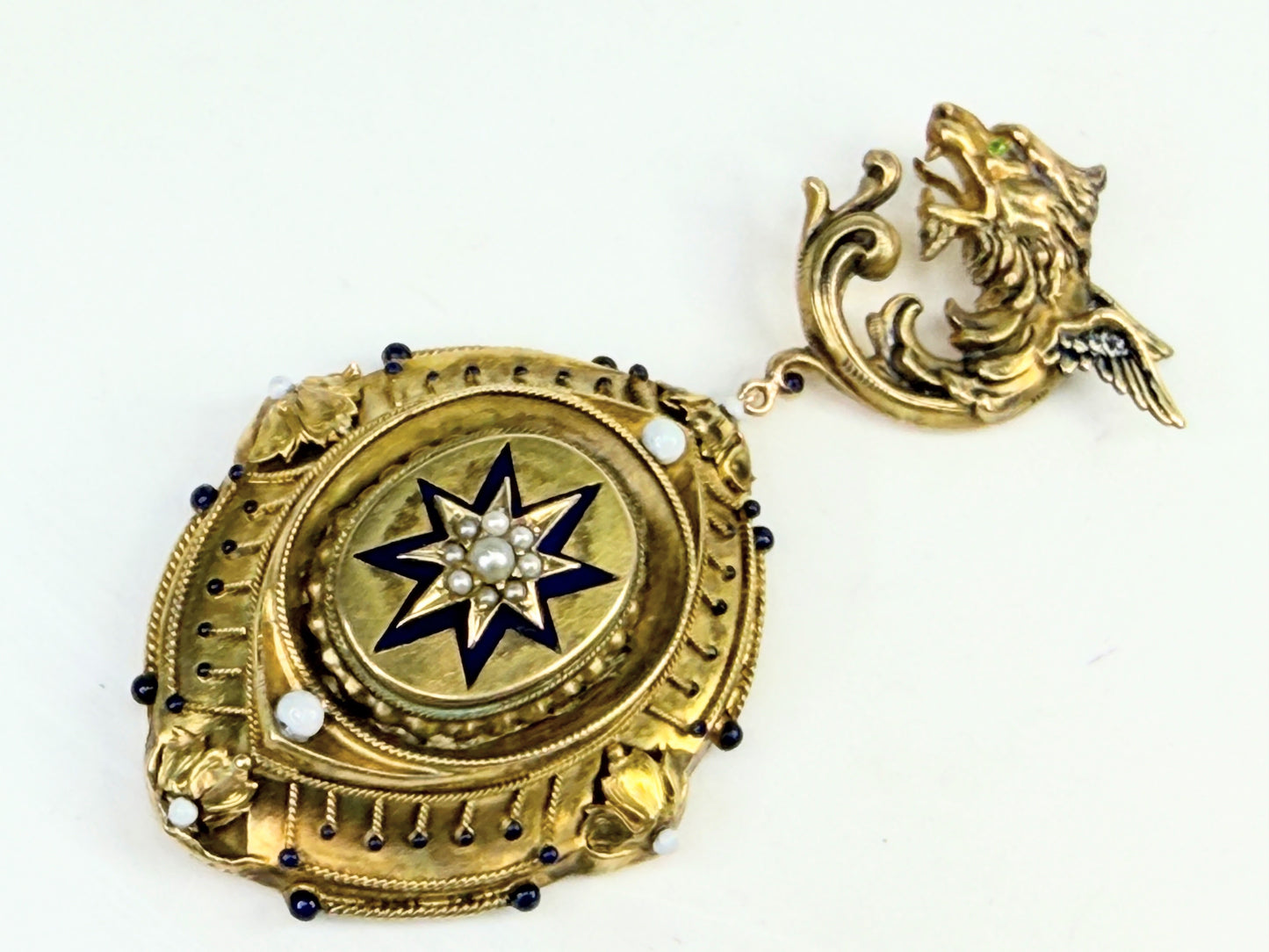 Antique 14K Gold Griffin Peridot eye Locket Pendant seed Pearl Enamel JR1386