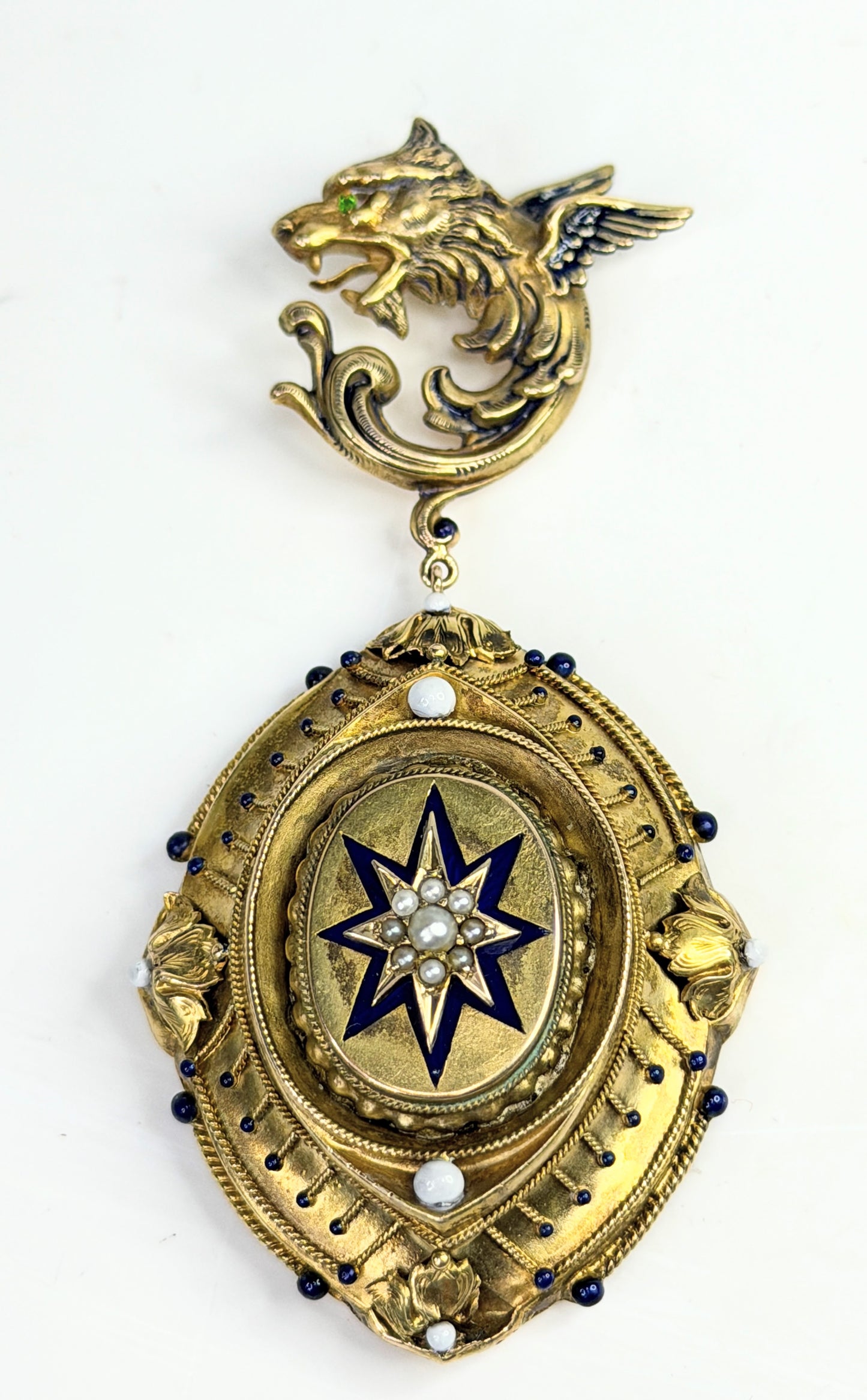 Antique 14K Gold Griffin Peridot eye Locket Pendant seed Pearl Enamel JR1386