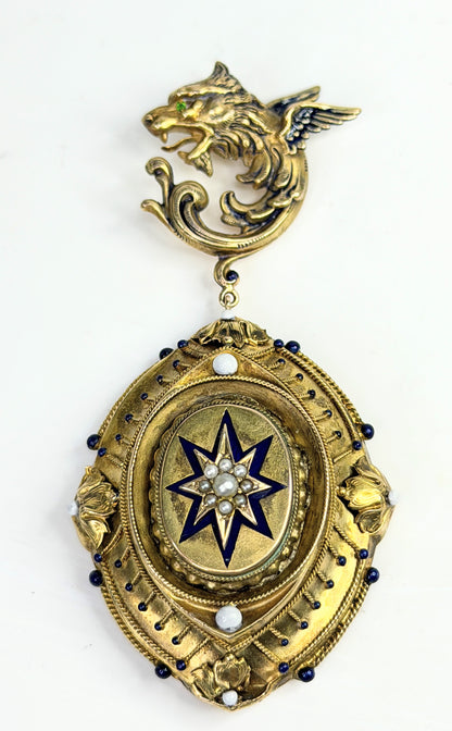 Antique 14K Gold Griffin Peridot eye Locket Pendant seed Pearl Enamel JR1386