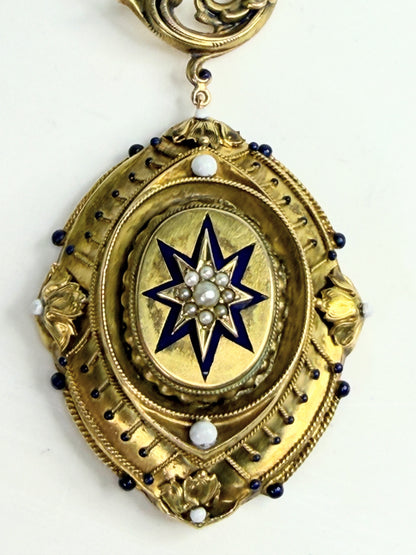 Antique 14K Gold Griffin Peridot eye Locket Pendant seed Pearl Enamel JR1386