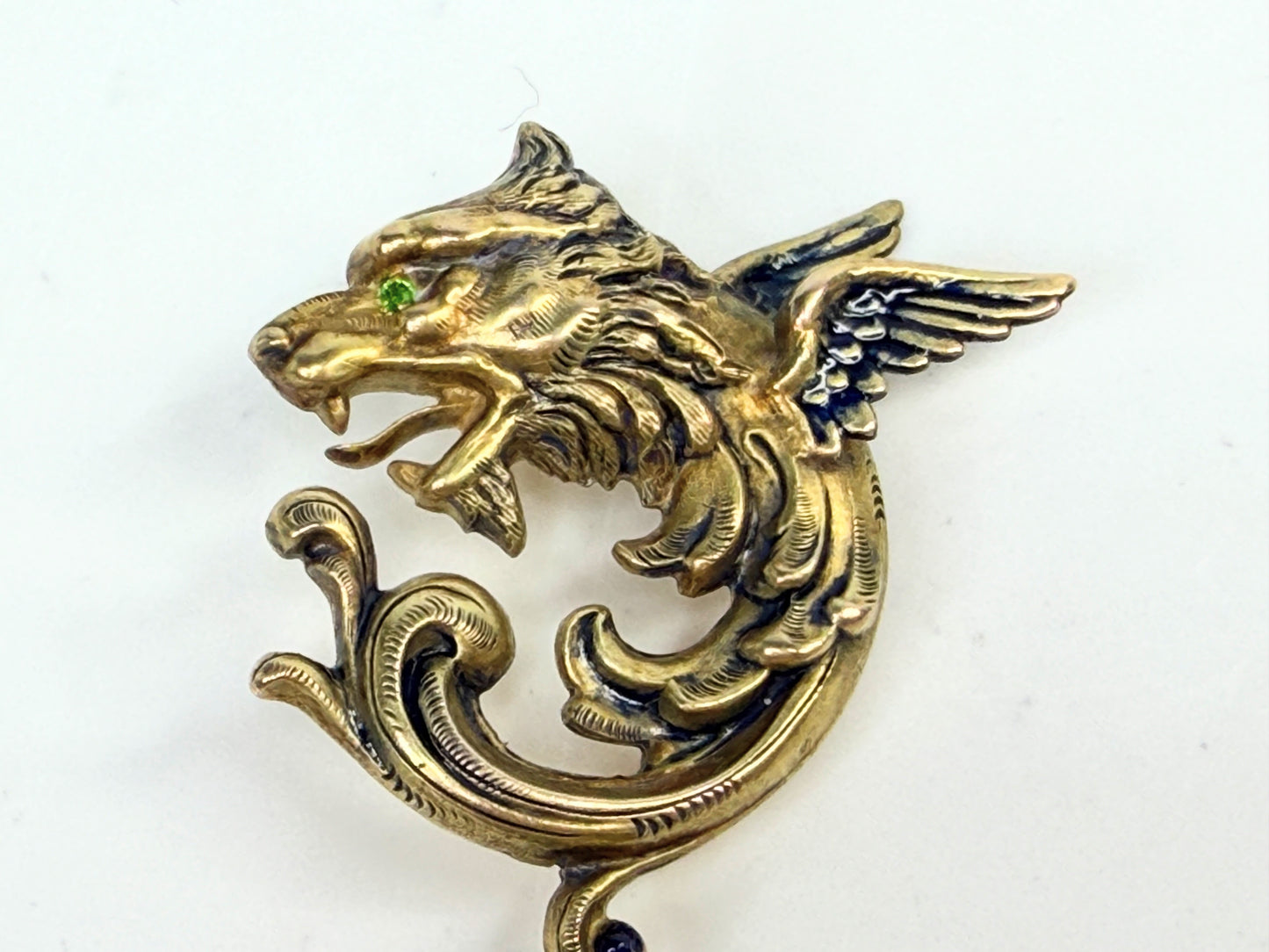 Antique 14K Gold Griffin Peridot eye Locket Pendant seed Pearl Enamel JR1386
