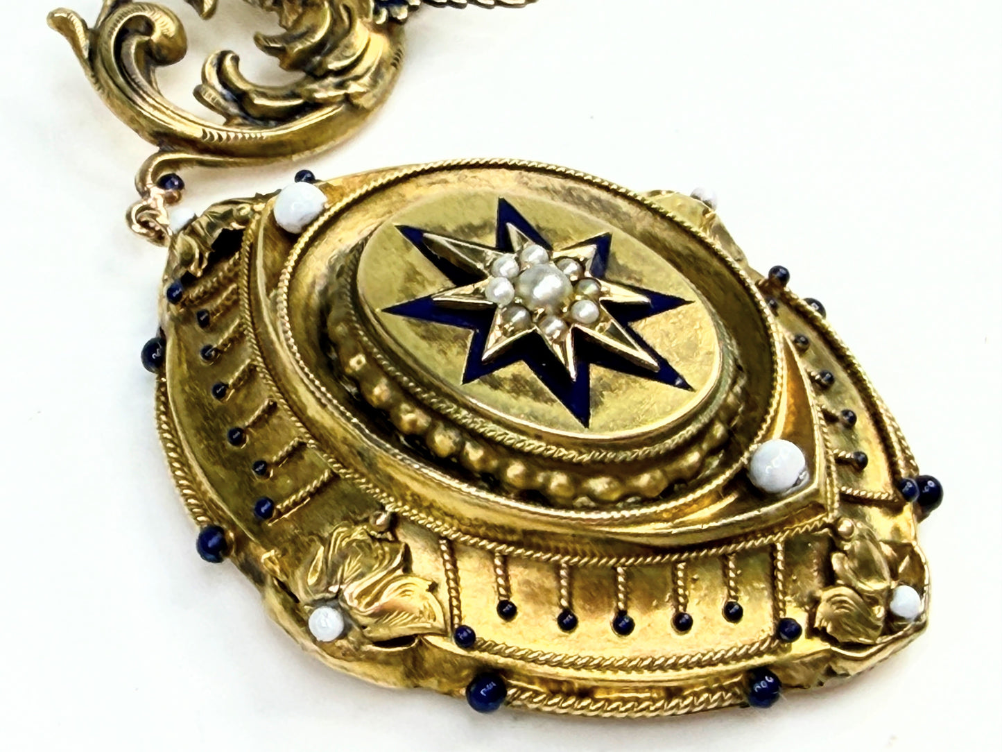 Antique 14K Gold Griffin Peridot eye Locket Pendant seed Pearl Enamel JR1386