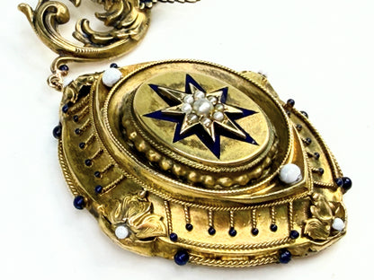 Antique 14K Gold Griffin Peridot eye Locket Pendant seed Pearl Enamel JR1386