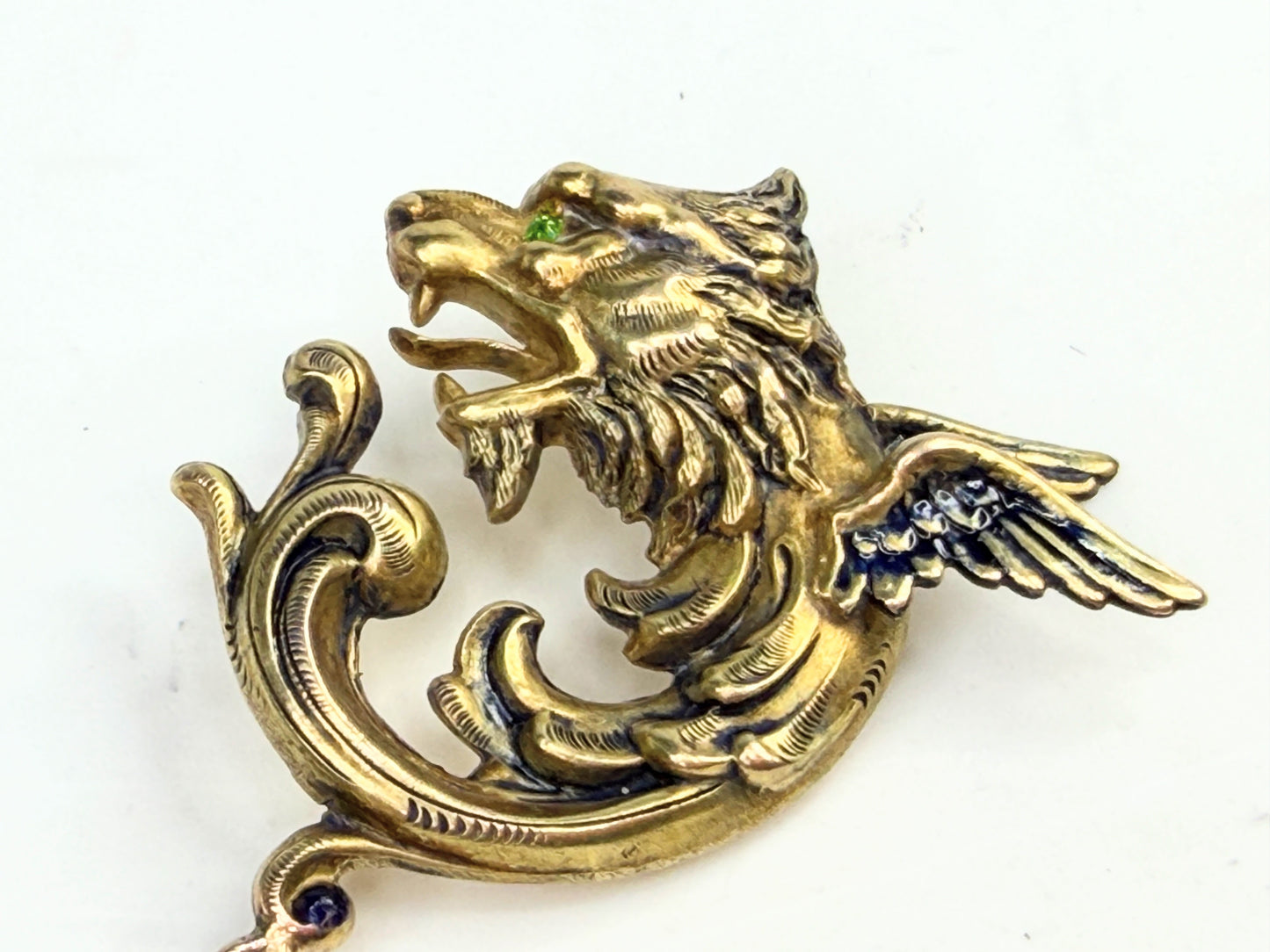 Antique 14K Gold Griffin Peridot eye Locket Pendant seed Pearl Enamel JR1386
