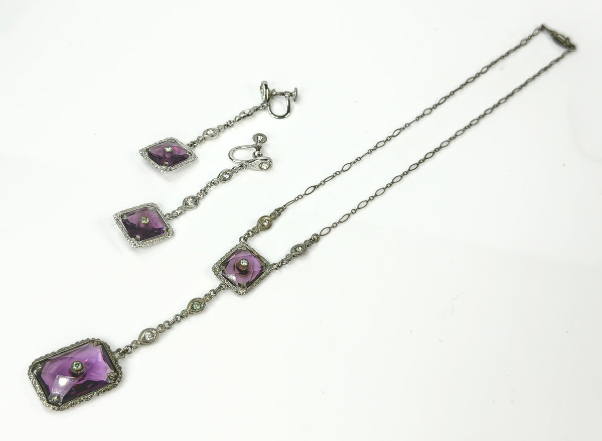 Antique Art Deco Sterling Silver Purple Glass Necklace & Earrings Parure JR2166