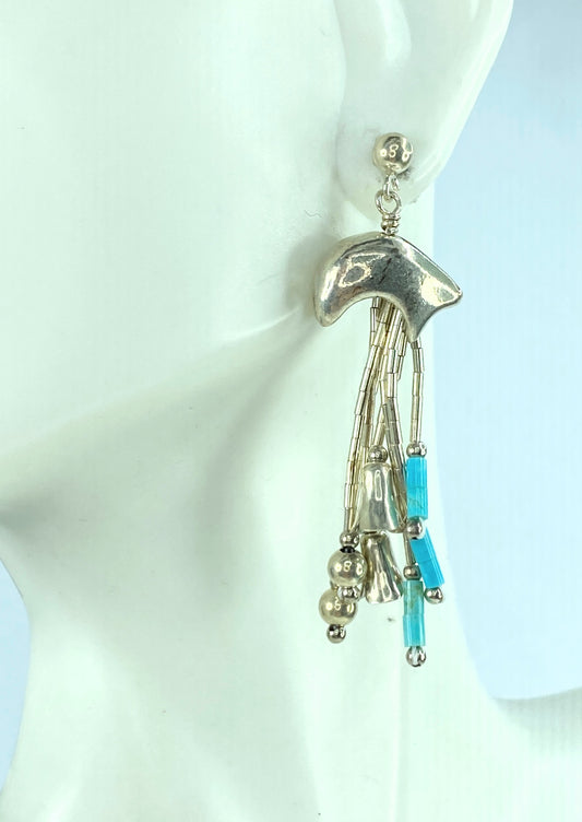 Sterling Bear Turquoise Blossom liquid silver dangle earrings 2.25" 8.8g JR9671