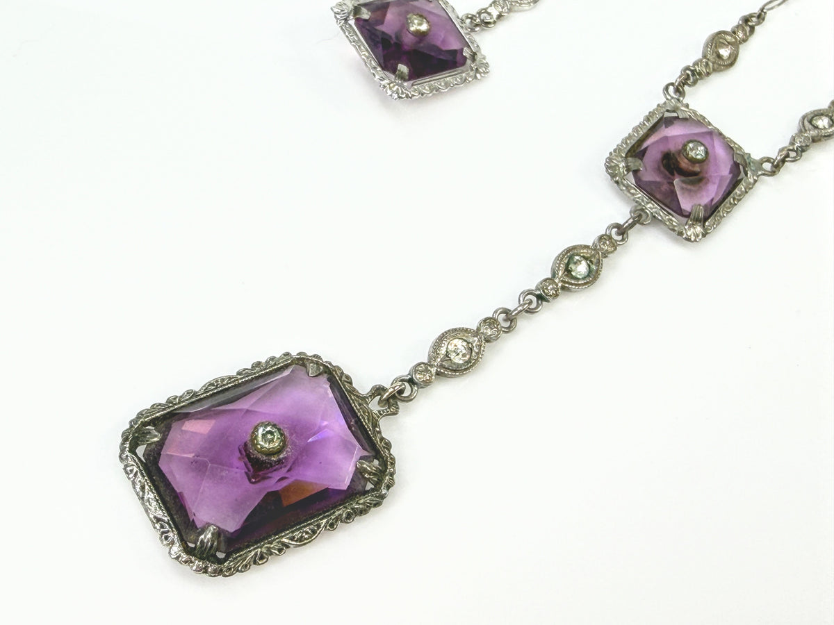 Antique Art Deco Sterling Silver Purple Glass Necklace & Earrings Parure JR2166