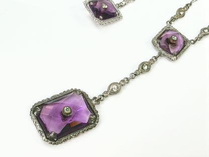 Antique Art Deco Sterling Silver Purple Glass Necklace & Earrings Parure JR2166