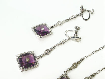Antique Art Deco Sterling Silver Purple Glass Necklace & Earrings Parure JR2166