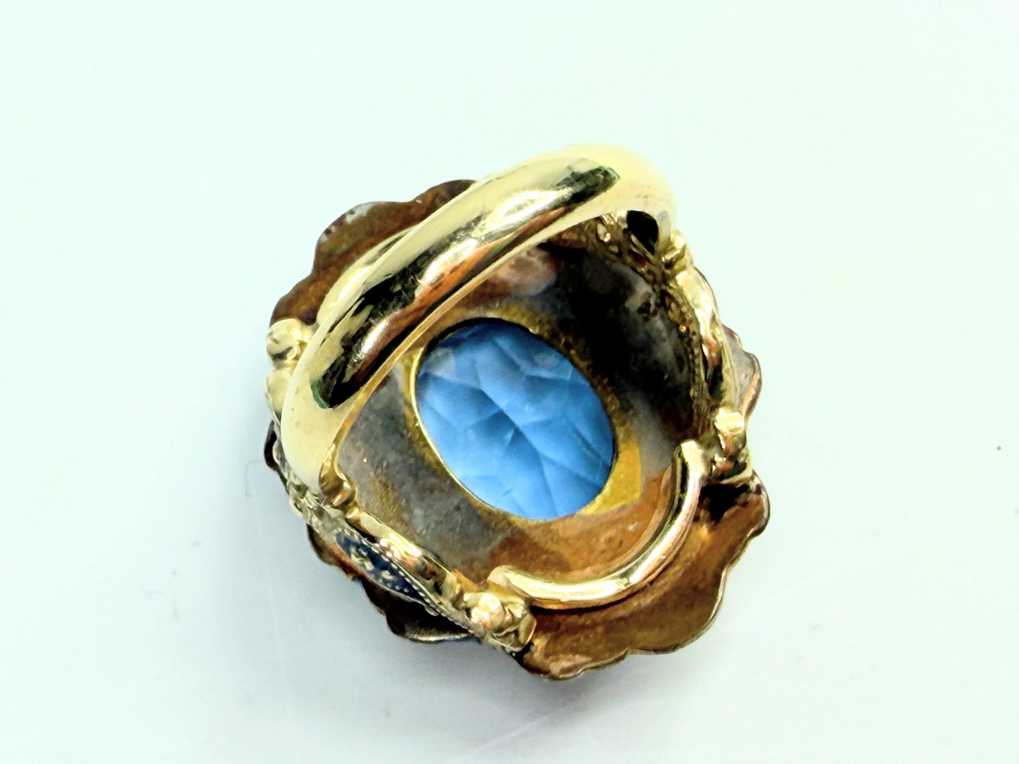 Vintage 14K Gold Enamel Blue Topaz Statement Ring Size 7.5 JR1389