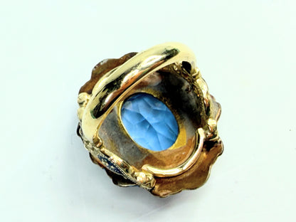 Vintage 14K Gold Enamel Blue Topaz Statement Ring Size 7.5 JR1389