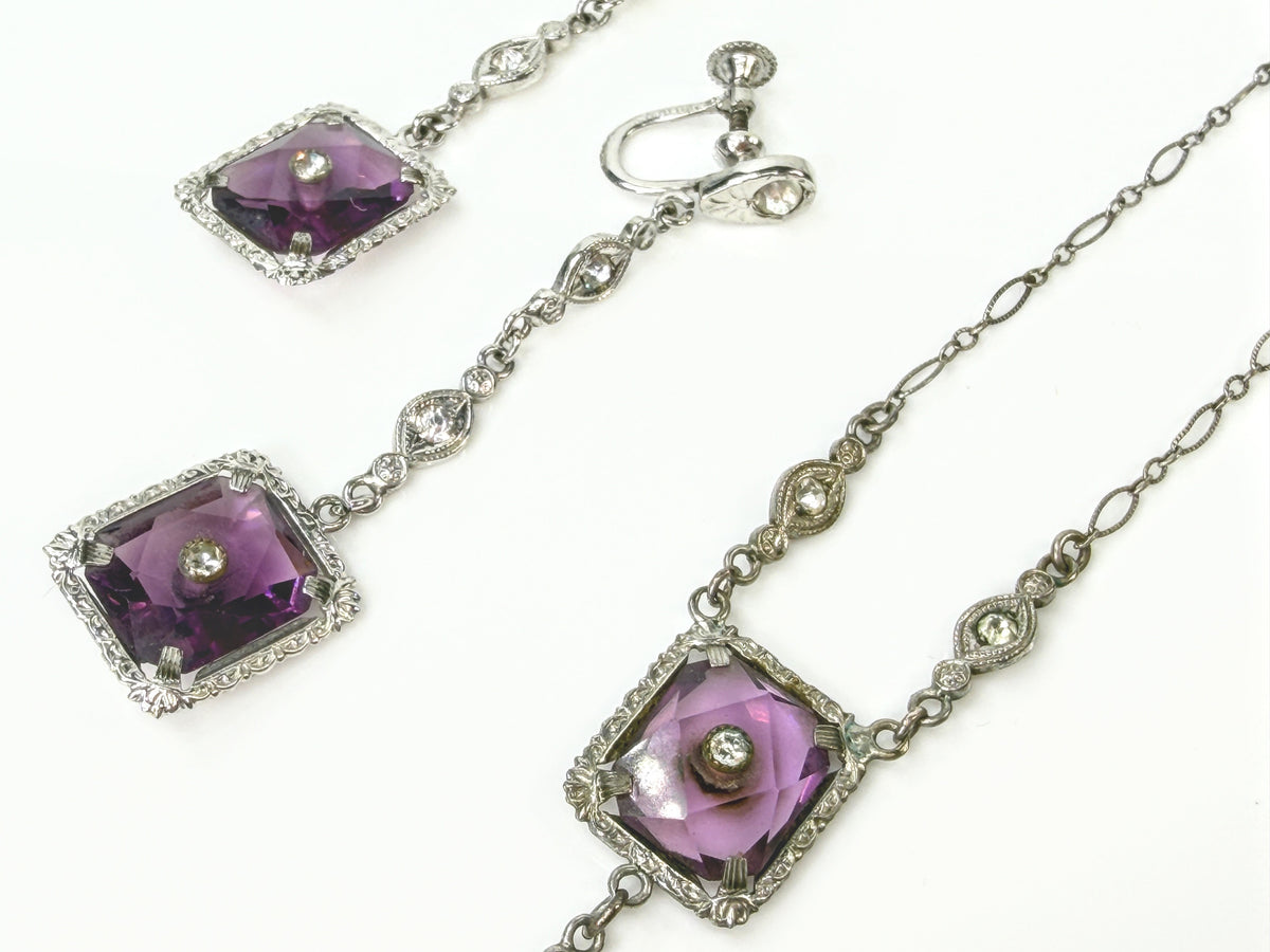 Antique Art Deco Sterling Silver Purple Glass Necklace & Earrings Parure JR2166