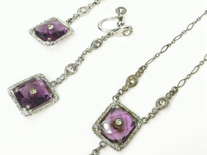 Antique Art Deco Sterling Silver Purple Glass Necklace & Earrings Parure JR2166