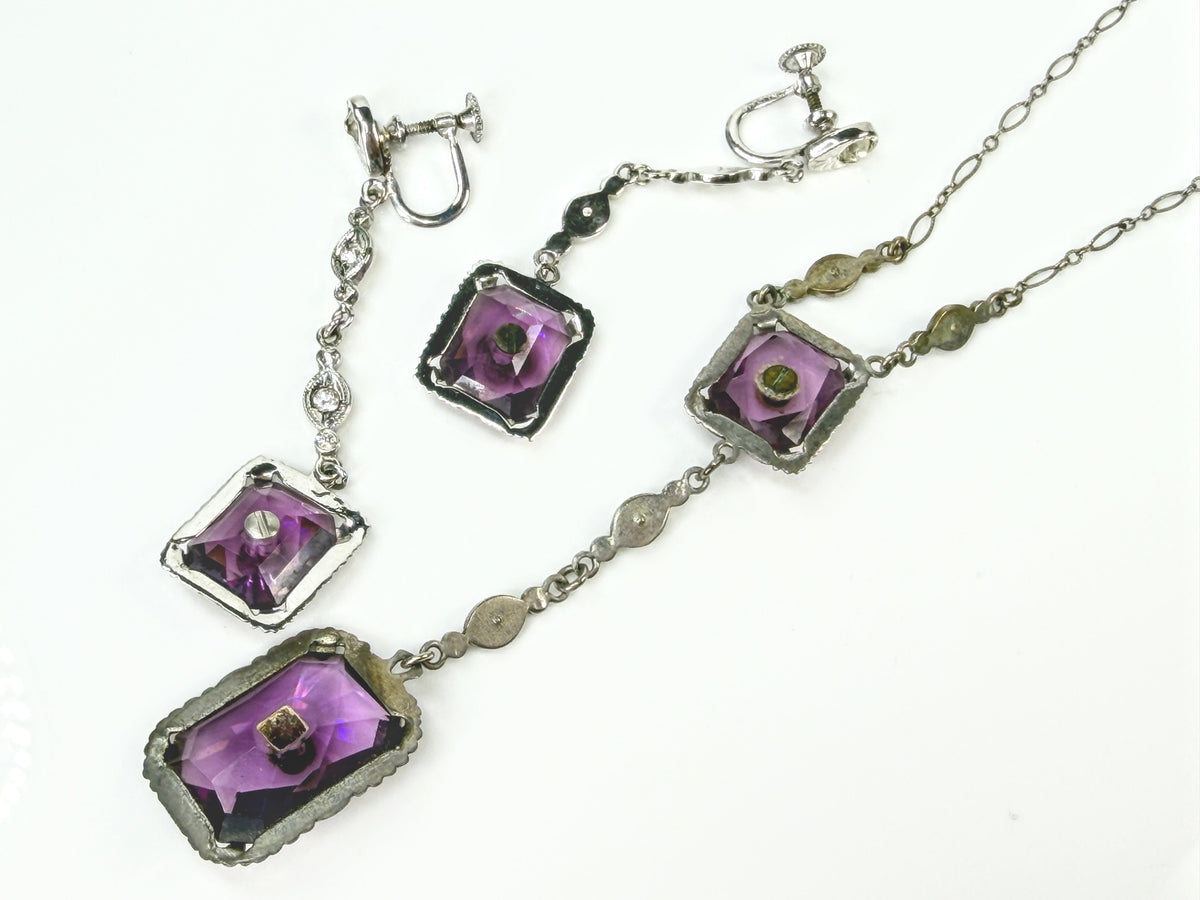 Antique Art Deco Sterling Silver Purple Glass Necklace & Earrings Parure JR2166