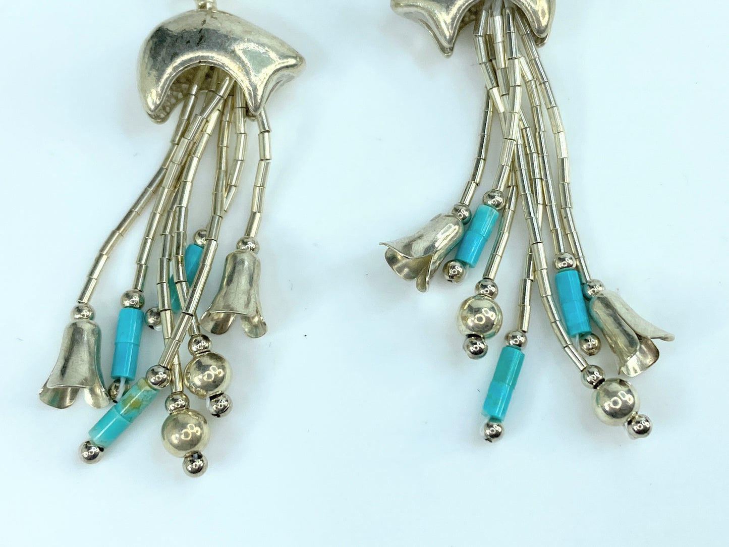 Sterling Bear Turquoise Blossom liquid silver dangle earrings 2.25" 8.8g JR9671