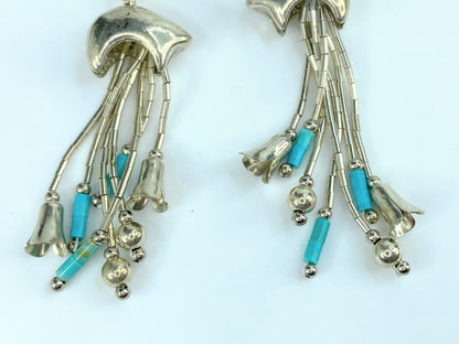 Sterling Bear Turquoise Blossom liquid silver dangle earrings 2.25" 8.8g JR9671