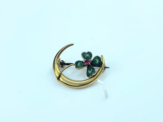 Art Deco Ruby Shamrock clover Enamel Crescent moon in 10K gold