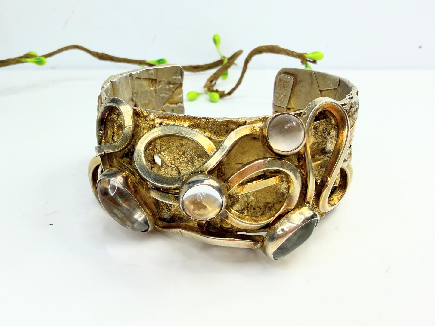 Vintage Rachel Gera Sterling Gold Gilt Rock Crystal Cuff JR1391