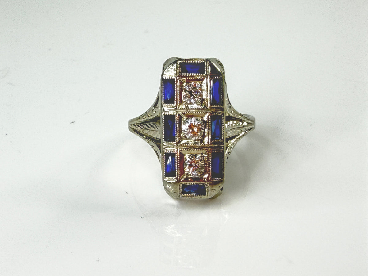 Antique Art Deco 14K White Gold Sapphire Diamond Filigree Ring 1920s JR2170