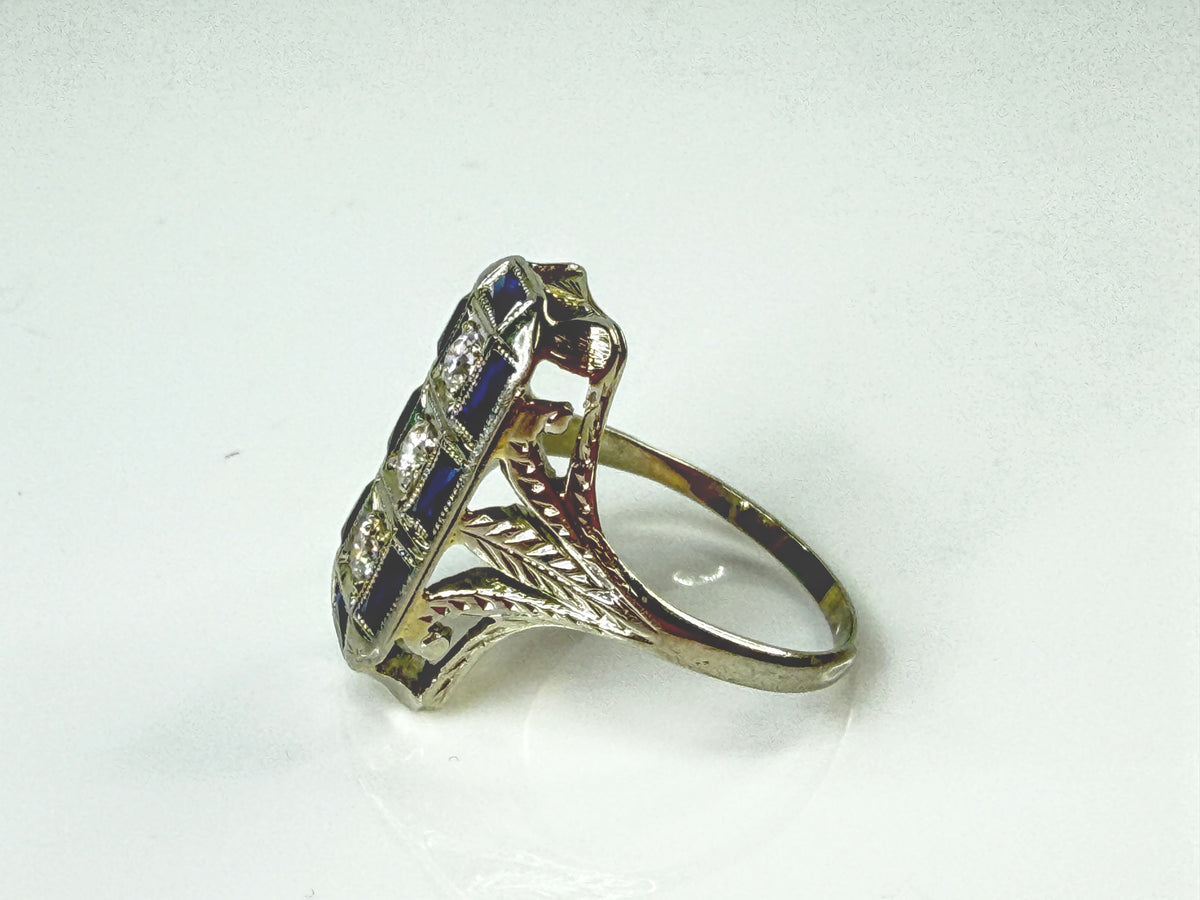 Antique Art Deco 14K White Gold Sapphire Diamond Filigree Ring 1920s JR2170