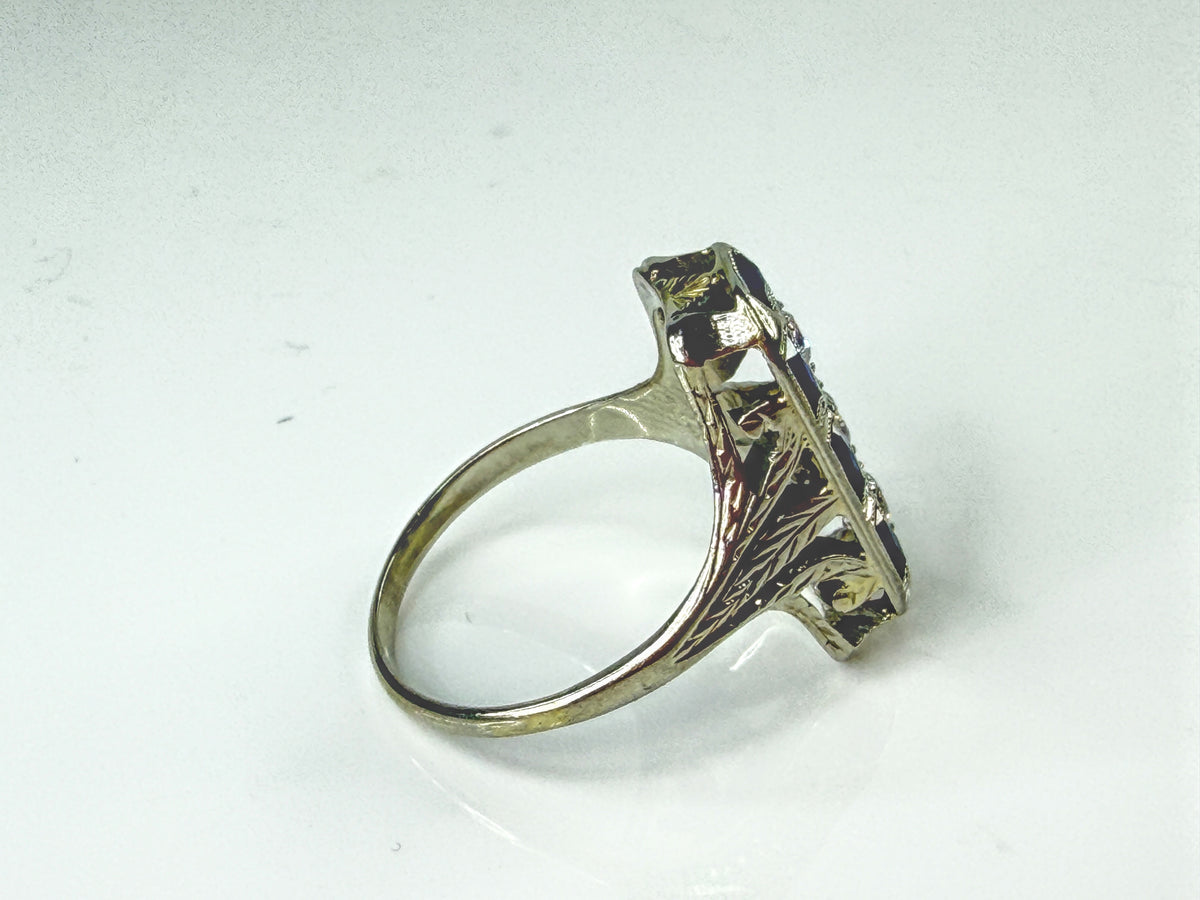 Antique Art Deco 14K White Gold Sapphire Diamond Filigree Ring 1920s JR2170