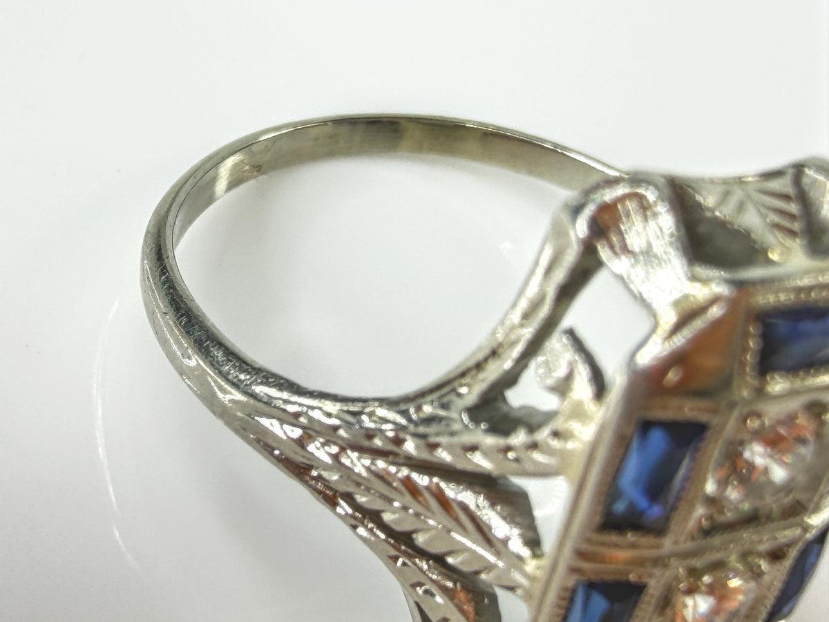 Antique Art Deco 14K White Gold Sapphire Diamond Filigree Ring 1920s JR2170