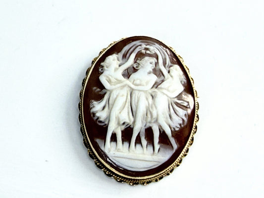 Antique 14K Gold Three Graces Shell Cameo Brooch JR1397