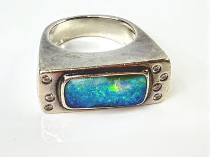Handmade Sterling Silver Opal Diamond Modernist Statement Ring Size 7 13g JR2173