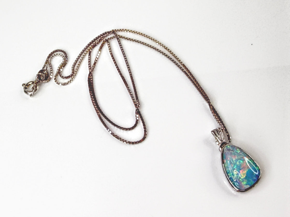 Sterling Silver Fiery Opal Doublet Teardrop Pendant Box Chain Necklace JR2174