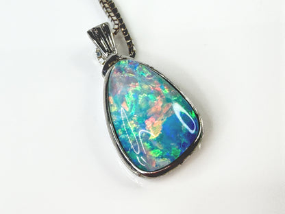 Sterling Silver Fiery Opal Doublet Teardrop Pendant Box Chain Necklace JR2174