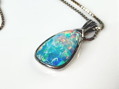 Sterling Silver Fiery Opal Doublet Teardrop Pendant Box Chain Necklace JR2174