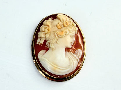 Antique 14K Gold Carved Shell Cameo Brooch Pendant 1 9/16" JR1398