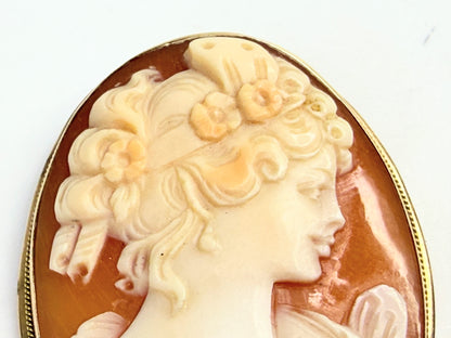 Antique 14K Gold Carved Shell Cameo Brooch Pendant 1 9/16" JR1398