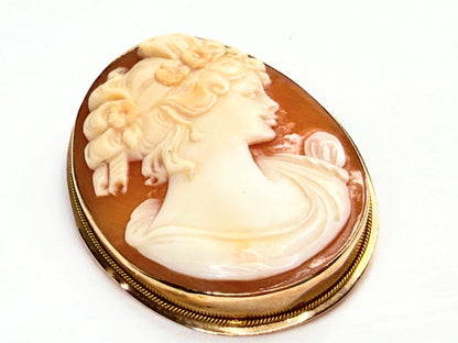 Antique 14K Gold Carved Shell Cameo Brooch Pendant 1 9/16" JR1398