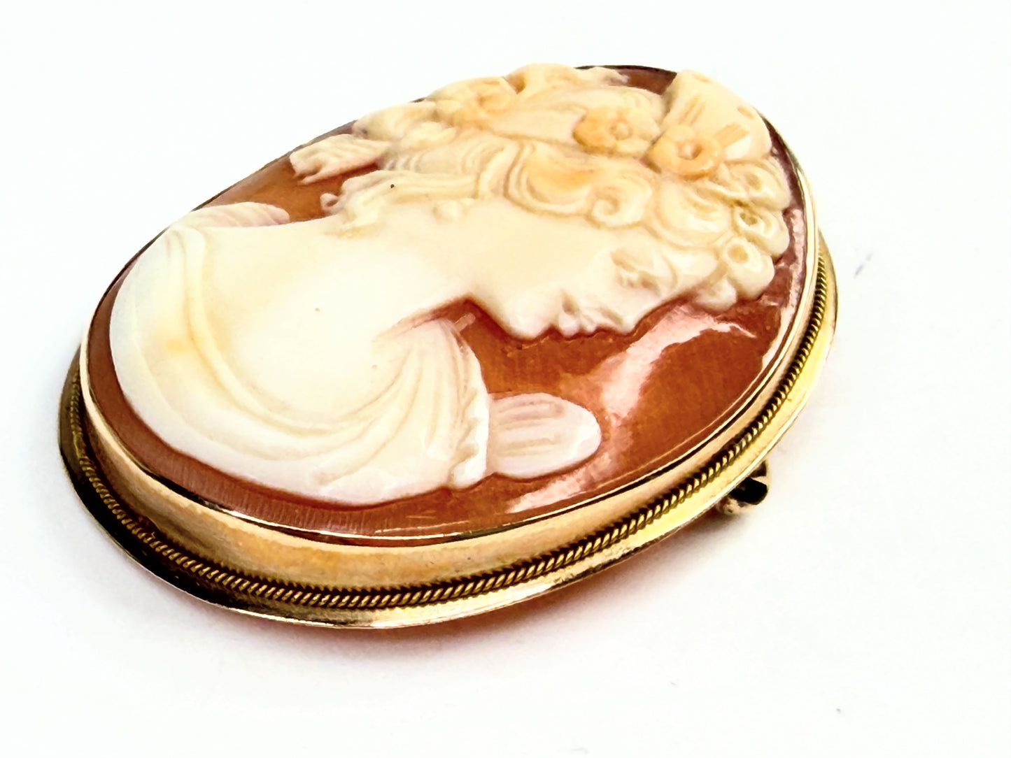 Antique 14K Gold Carved Shell Cameo Brooch Pendant 1 9/16" JR1398
