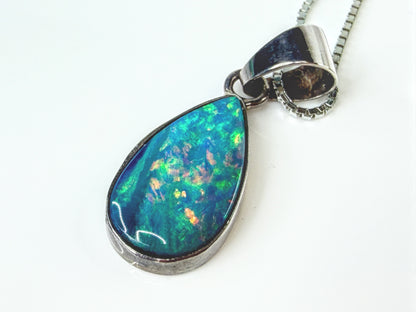 Sterling Australian Black Fire Opal Pendant Box Chain Necklace 17.5" 3.1g JR2175